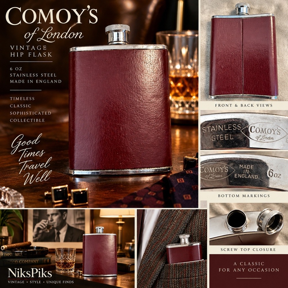 Vintage Comoy's of London 6 Oz Hip Flask Burgundy Made England Stainless Steel